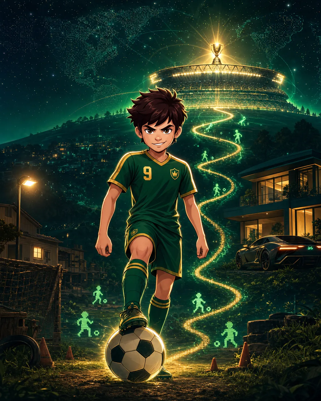 Striker Saga footballer following a path from the neighborhood pitch to a world stadium